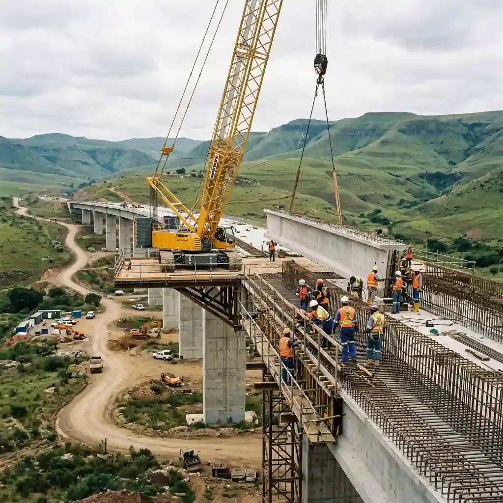 Bridge under construction with steel reinforcement, crane, and workers in high-visibility vests