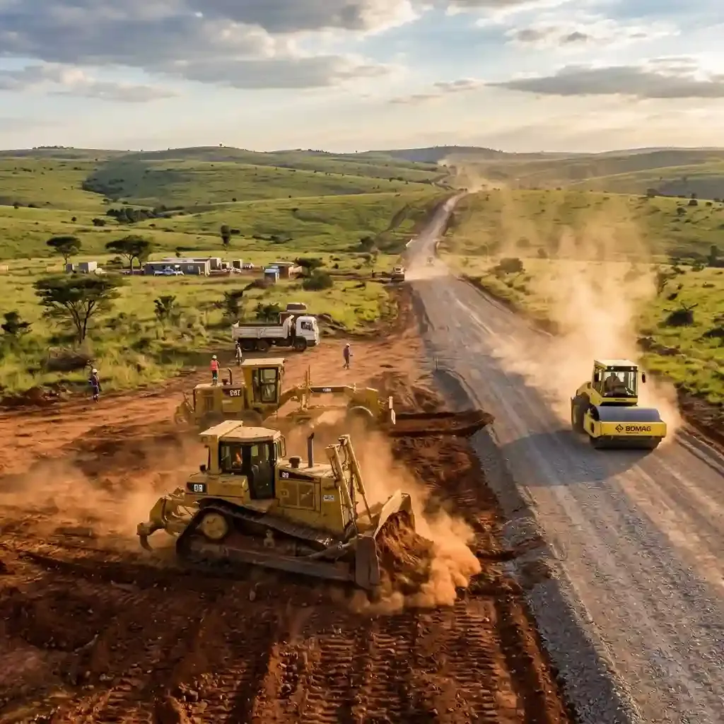 Bulldozers and graders performing bulk earthworks and road construction through South African grasslands