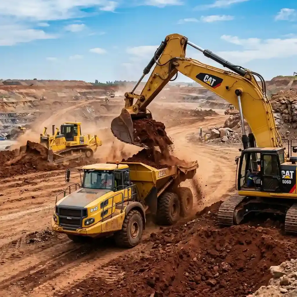 Heavy yellow articulated dump truck being loaded by a massive excavator in a dusty open pit
