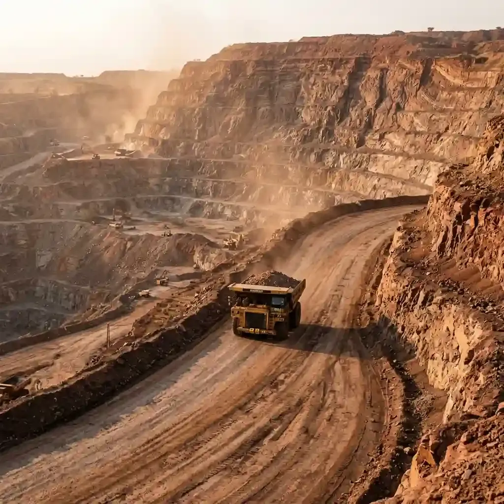 Large-scale open-pit mining operation with haul trucks on terraced earth benches in South Africa